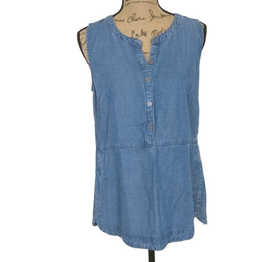 J Jill Womens sz XSp Tank Top Blue Chambray 1/2 Button Tencel Linen Blend‎